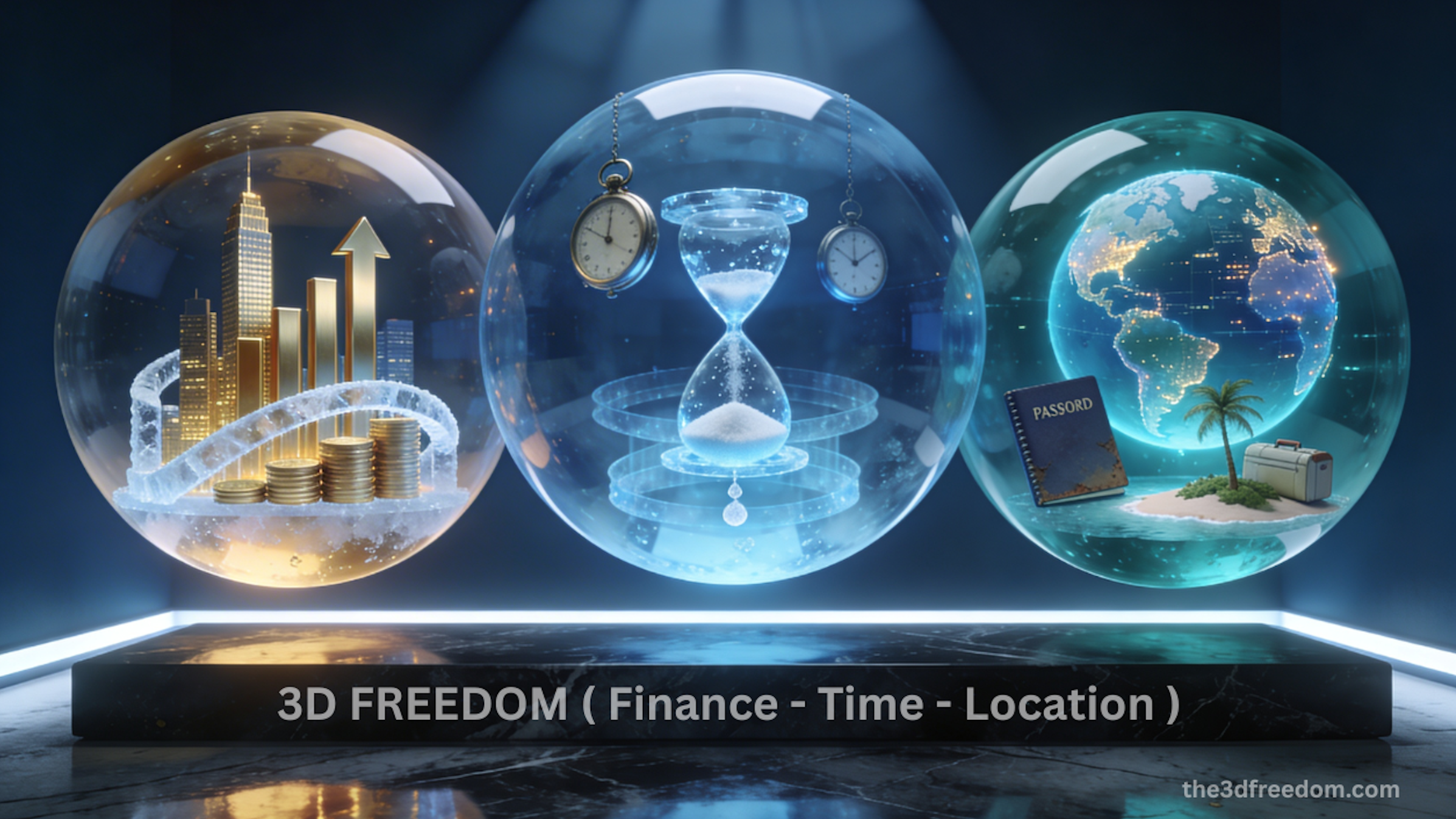3D Freedom — Finance, Time, and Location represented by three glass spheres